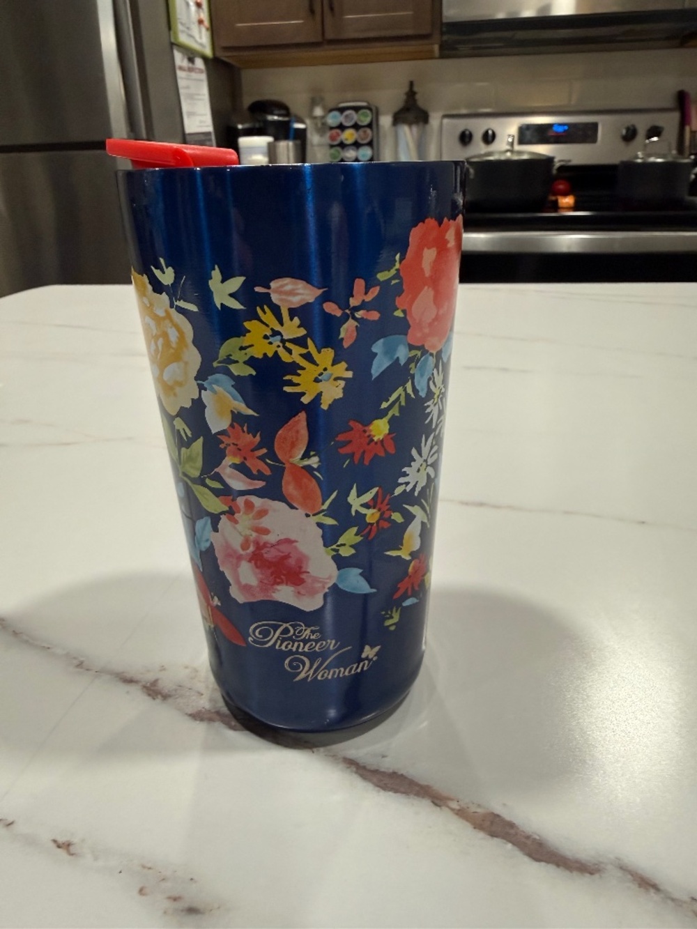 The pioneer woman, dark blue floral, stainless steel travel mug Tumbler